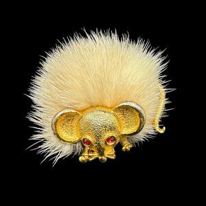 Vintage Gold Tone and Cream Mink Fur Mouse Brooch Red Rhinestone Eyes
